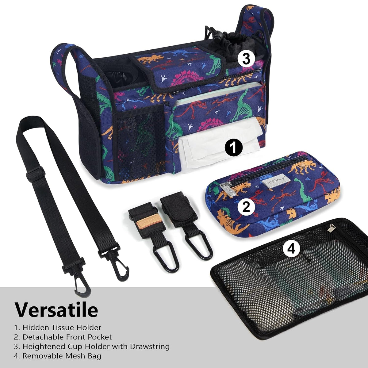 Universal Baby Stroller Organizer, Stroller Caddy with Detachable Mesh Bag & Heightened Insulated Cup Holders & Non-Slip Secure Hooks Accessories, Fits Most Strollers (Black) - Colors A