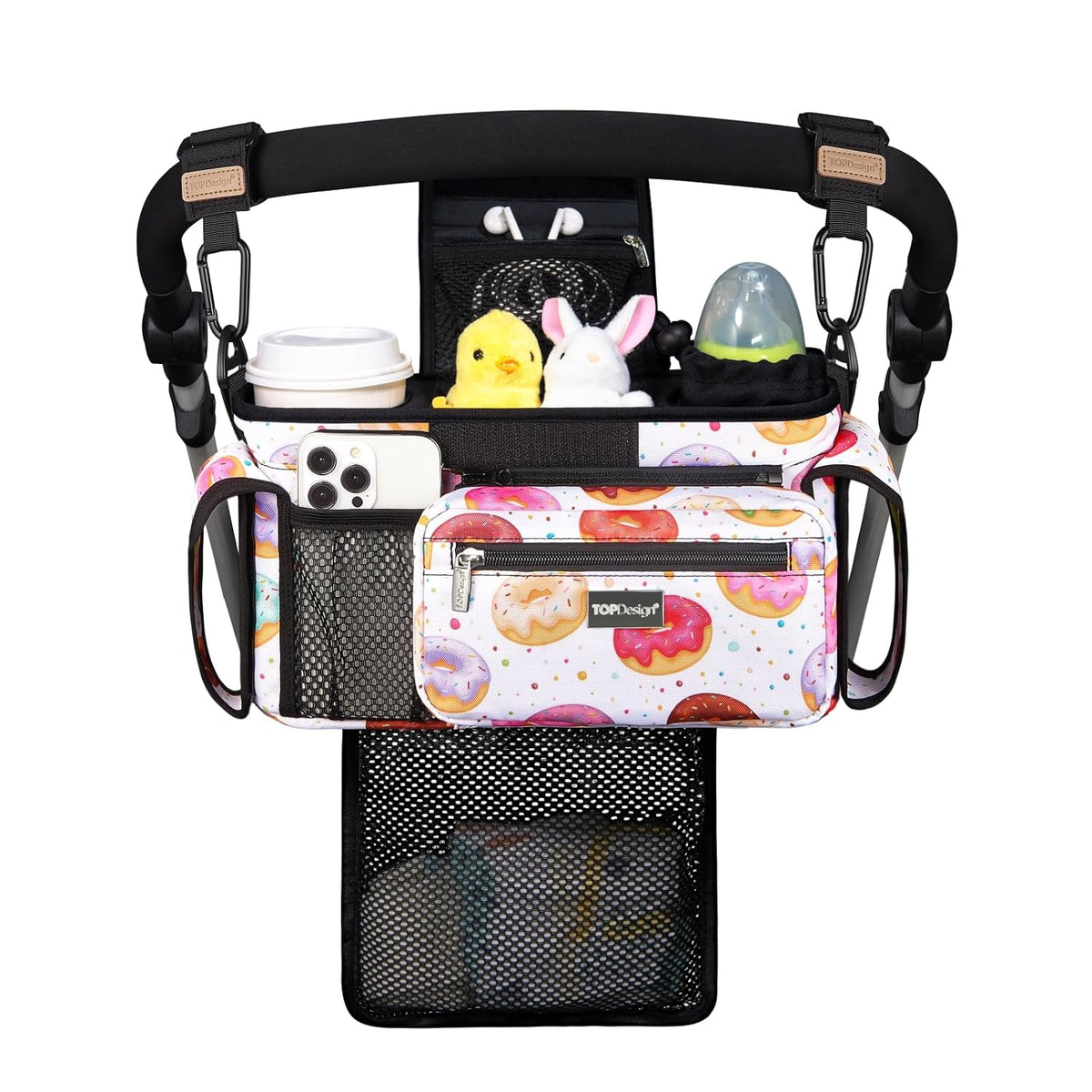 Universal Baby Stroller Organizer, Stroller Caddy with Detachable Mesh Bag & Heightened Insulated Cup Holders & Non-Slip Secure Hooks Accessories, Fits Most Strollers (Black) - Colors A