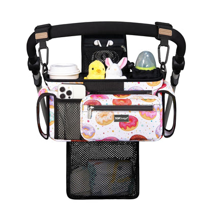 Universal Baby Stroller Organizer, Stroller Caddy with Detachable Mesh Bag & Heightened Insulated Cup Holders & Non-Slip Secure Hooks Accessories, Fits Most Strollers (Black) - Colors A