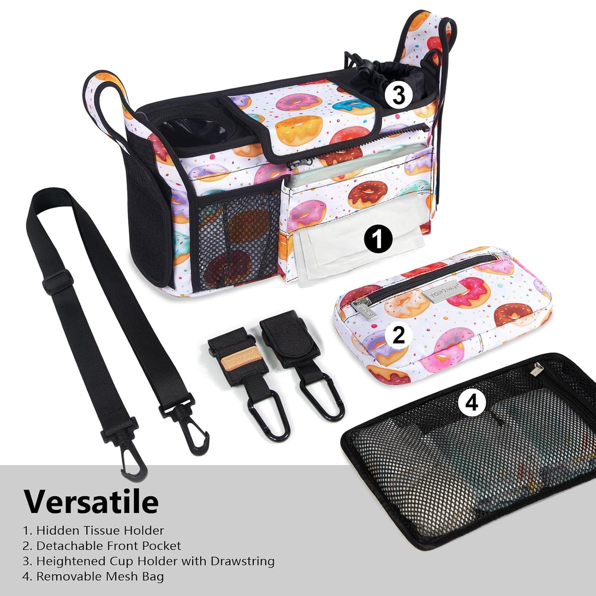 Universal Baby Stroller Organizer, Stroller Caddy with Detachable Mesh Bag & Heightened Insulated Cup Holders & Non-Slip Secure Hooks Accessories, Fits Most Strollers (Black) - Colors A