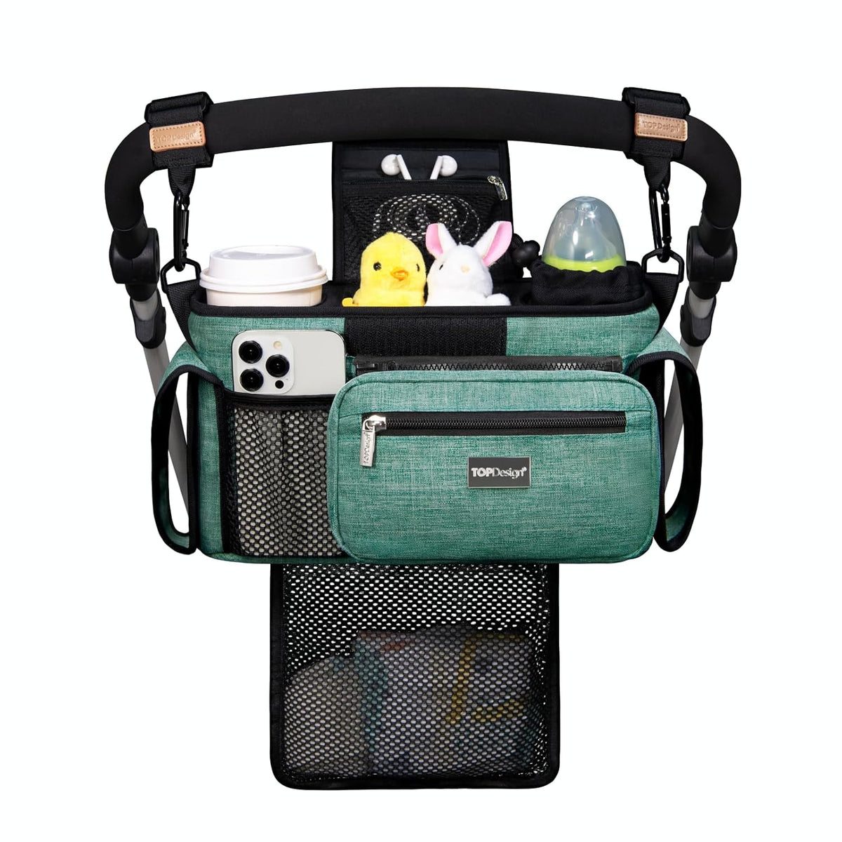 Universal Baby Stroller Organizer, Stroller Caddy with Detachable Mesh Bag & Heightened Insulated Cup Holders & Non-Slip Secure Hooks Accessories, Fits Most Strollers (Black) - Colors A