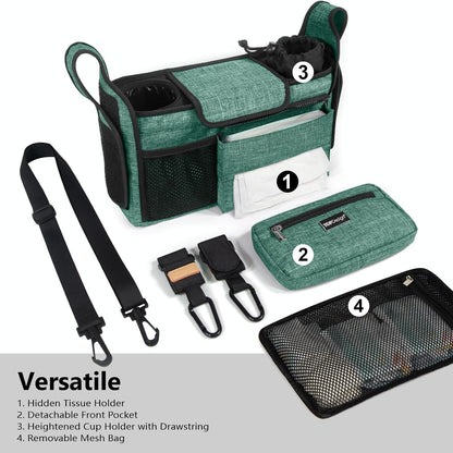 Universal Baby Stroller Organizer, Stroller Caddy with Detachable Mesh Bag & Heightened Insulated Cup Holders & Non-Slip Secure Hooks Accessories, Fits Most Strollers (Black) - Colors A