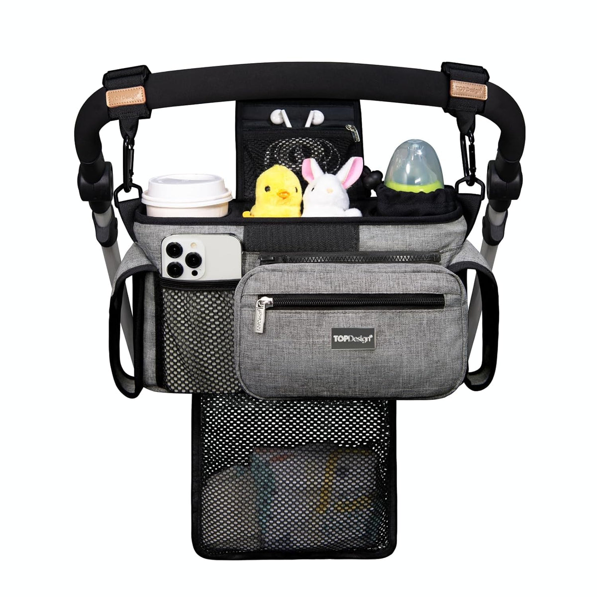 Universal Baby Stroller Organizer, Stroller Caddy with Detachable Mesh Bag & Heightened Insulated Cup Holders & Non-Slip Secure Hooks Accessories, Fits Most Strollers (Black) - Colors A