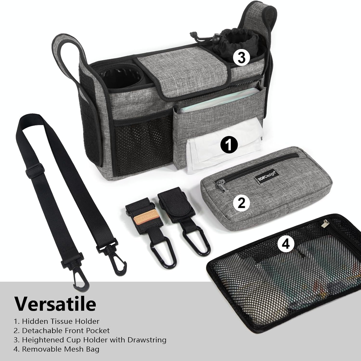 Universal Baby Stroller Organizer, Stroller Caddy with Detachable Mesh Bag & Heightened Insulated Cup Holders & Non-Slip Secure Hooks Accessories, Fits Most Strollers (Black) - Colors A
