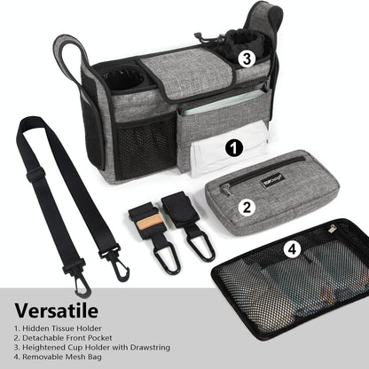 Universal Baby Stroller Organizer, Stroller Caddy with Detachable Mesh Bag & Heightened Insulated Cup Holders & Non-Slip Secure Hooks Accessories, Fits Most Strollers (Black) - Colors A