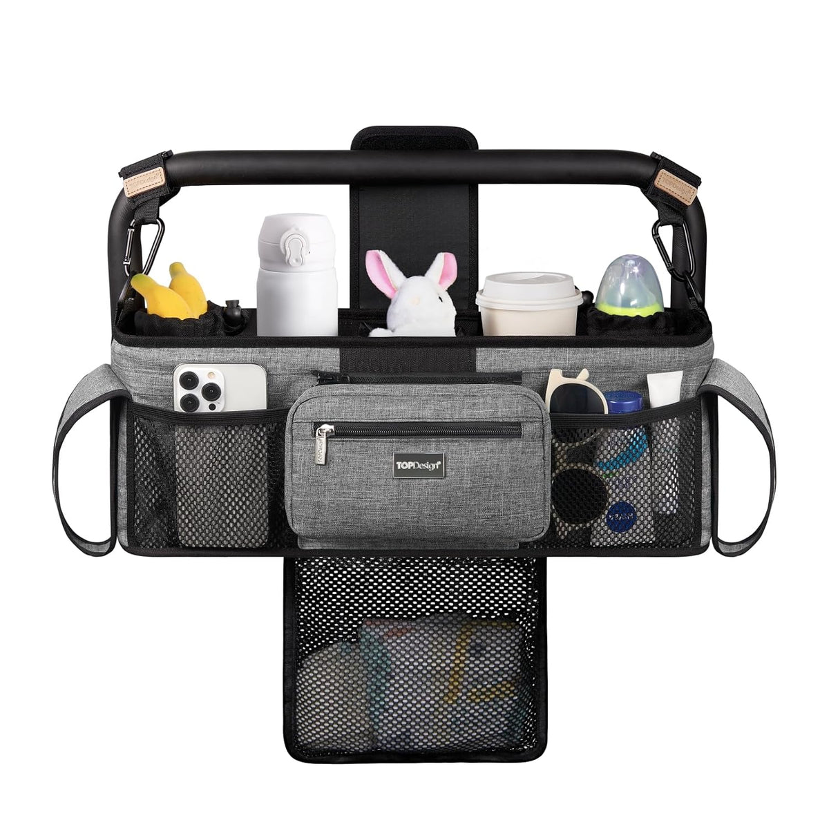 Universal Baby Stroller Organizer, Stroller Caddy with Detachable Mesh Bag & Heightened Insulated Cup Holders & Non-Slip Secure Hooks Accessories, Fits Most Strollers (Black) - Colors A