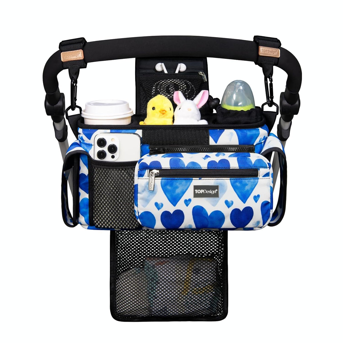 Universal Baby Stroller Organizer, Stroller Caddy with Detachable Mesh Bag & Heightened Insulated Cup Holders & Non-Slip Secure Hooks Accessories, Fits Most Strollers (Black) - Colors A