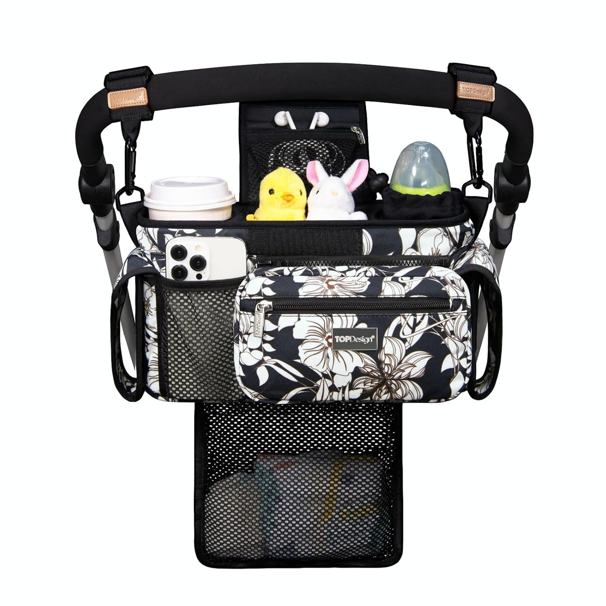 Universal Baby Stroller Organizer, Stroller Caddy with Detachable Mesh Bag & Heightened Insulated Cup Holders & Non-Slip Secure Hooks Accessories, Fits Most Strollers (Black) - Colors A