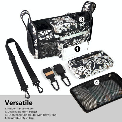 Universal Baby Stroller Organizer, Stroller Caddy with Detachable Mesh Bag & Heightened Insulated Cup Holders & Non-Slip Secure Hooks Accessories, Fits Most Strollers (Black) - Colors A