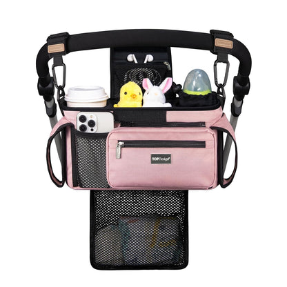 Universal Baby Stroller Organizer, Stroller Caddy with Detachable Mesh Bag & Heightened Insulated Cup Holders & Non-Slip Secure Hooks Accessories, Fits Most Strollers (Black) - Colors A