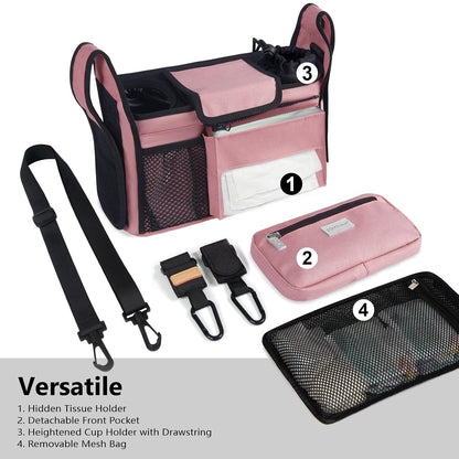 Universal Baby Stroller Organizer, Stroller Caddy with Detachable Mesh Bag & Heightened Insulated Cup Holders & Non-Slip Secure Hooks Accessories, Fits Most Strollers (Black) - Colors A