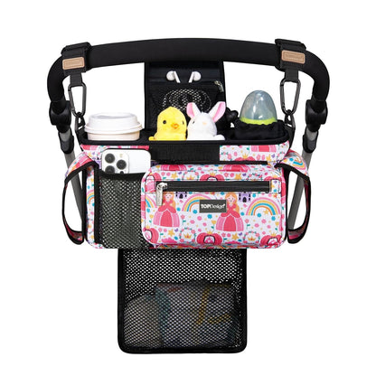 Universal Baby Stroller Organizer, Stroller Caddy with Detachable Mesh Bag & Heightened Insulated Cup Holders & Non-Slip Secure Hooks Accessories, Fits Most Strollers (Black) - Colors A