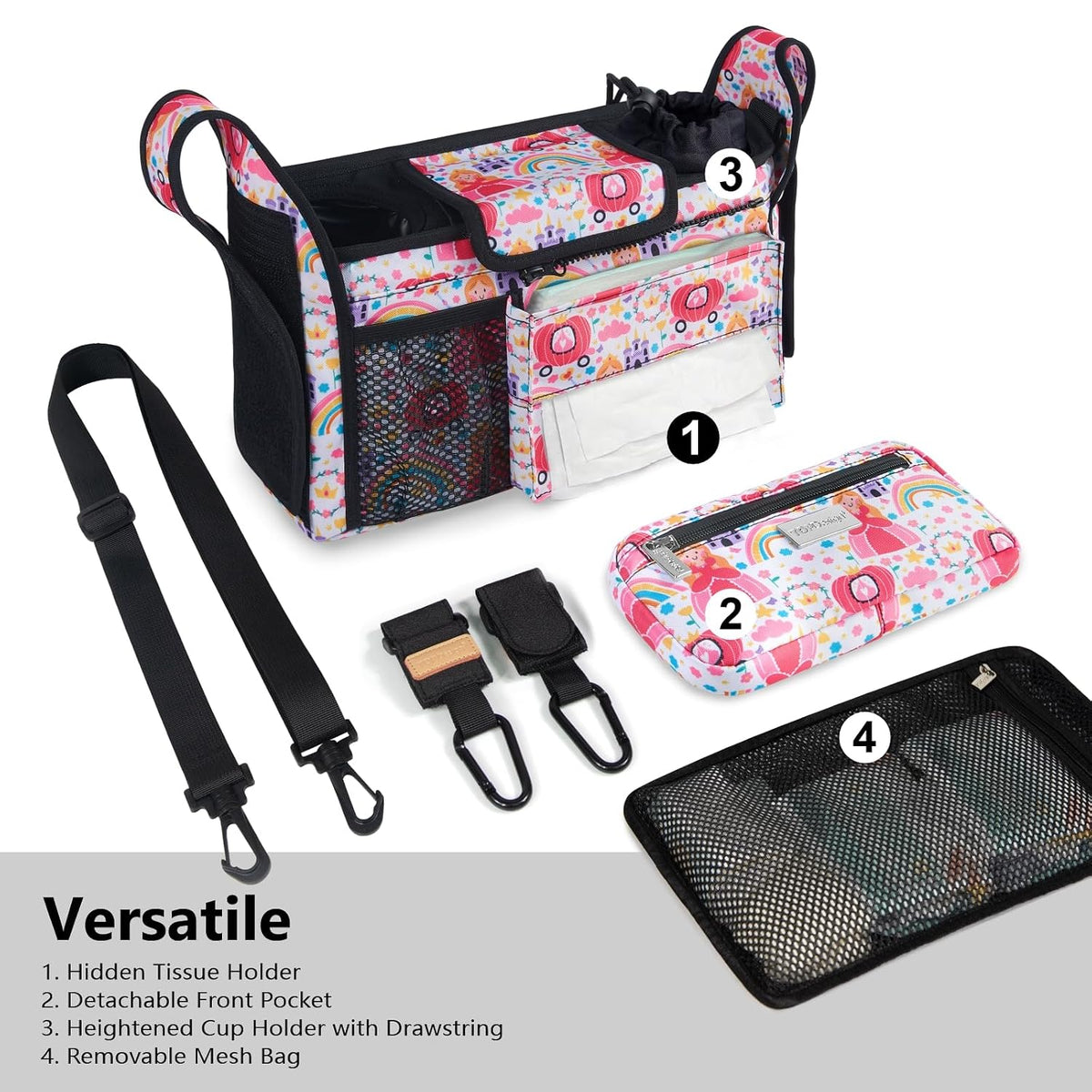 Universal Baby Stroller Organizer, Stroller Caddy with Detachable Mesh Bag & Heightened Insulated Cup Holders & Non-Slip Secure Hooks Accessories, Fits Most Strollers (Black) - Colors A