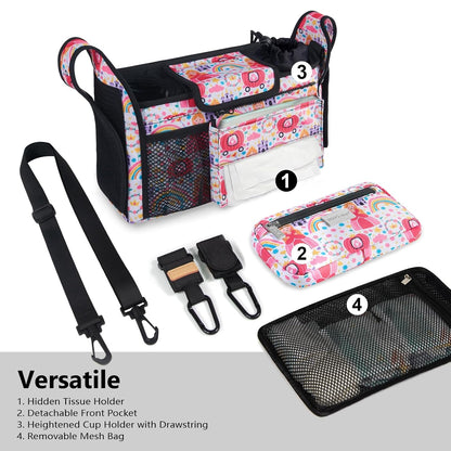 Universal Baby Stroller Organizer, Stroller Caddy with Detachable Mesh Bag & Heightened Insulated Cup Holders & Non-Slip Secure Hooks Accessories, Fits Most Strollers (Black) - Colors A