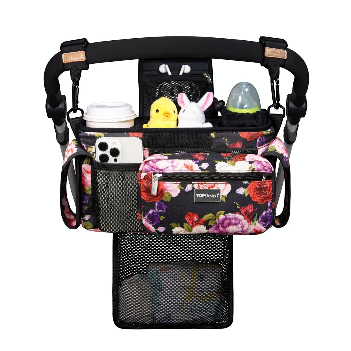 Universal Baby Stroller Organizer, Stroller Caddy with Detachable Mesh Bag & Heightened Insulated Cup Holders & Non-Slip Secure Hooks Accessories, Fits Most Strollers (Black) - Colors A