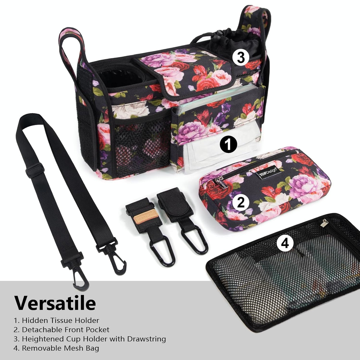Universal Baby Stroller Organizer, Stroller Caddy with Detachable Mesh Bag & Heightened Insulated Cup Holders & Non-Slip Secure Hooks Accessories, Fits Most Strollers (Black) - Colors A