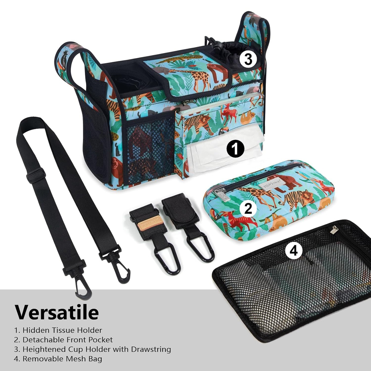 Universal Baby Stroller Organizer, Stroller Caddy with Detachable Mesh Bag & Heightened Insulated Cup Holders & Non-Slip Secure Hooks Accessories, Fits Most Strollers (Black) - Colors A
