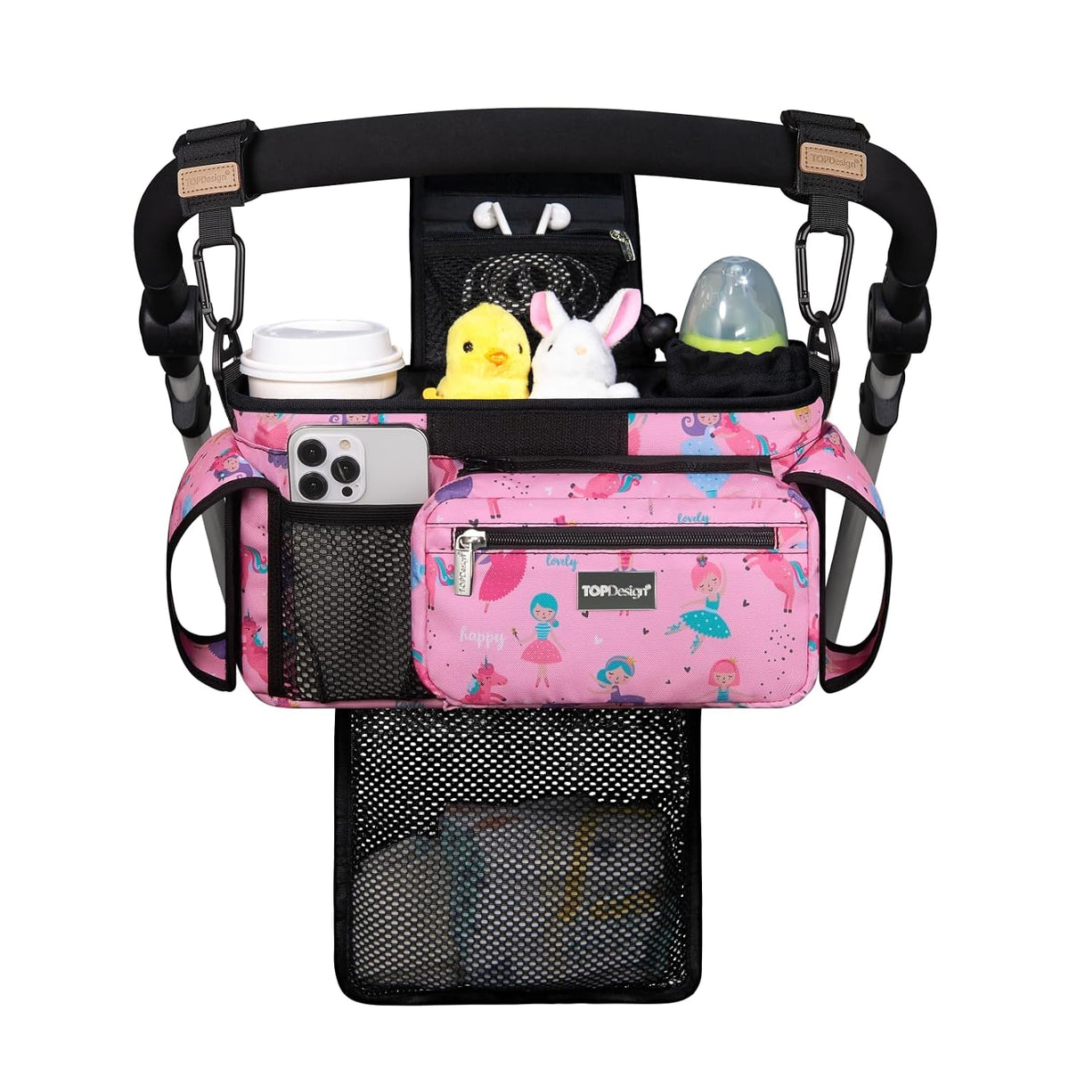 Universal Baby Stroller Organizer, Stroller Caddy with Detachable Mesh Bag & Heightened Insulated Cup Holders & Non-Slip Secure Hooks Accessories, Fits Most Strollers (Black) - Colors A