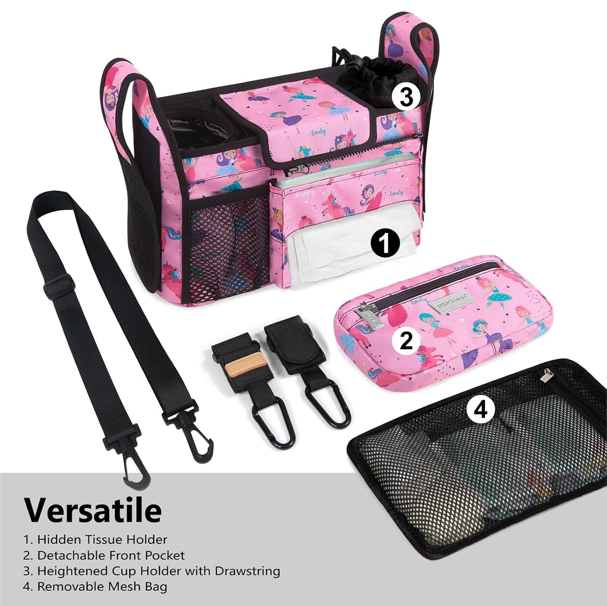 Universal Baby Stroller Organizer, Stroller Caddy with Detachable Mesh Bag & Heightened Insulated Cup Holders & Non-Slip Secure Hooks Accessories, Fits Most Strollers (Black) - Colors A