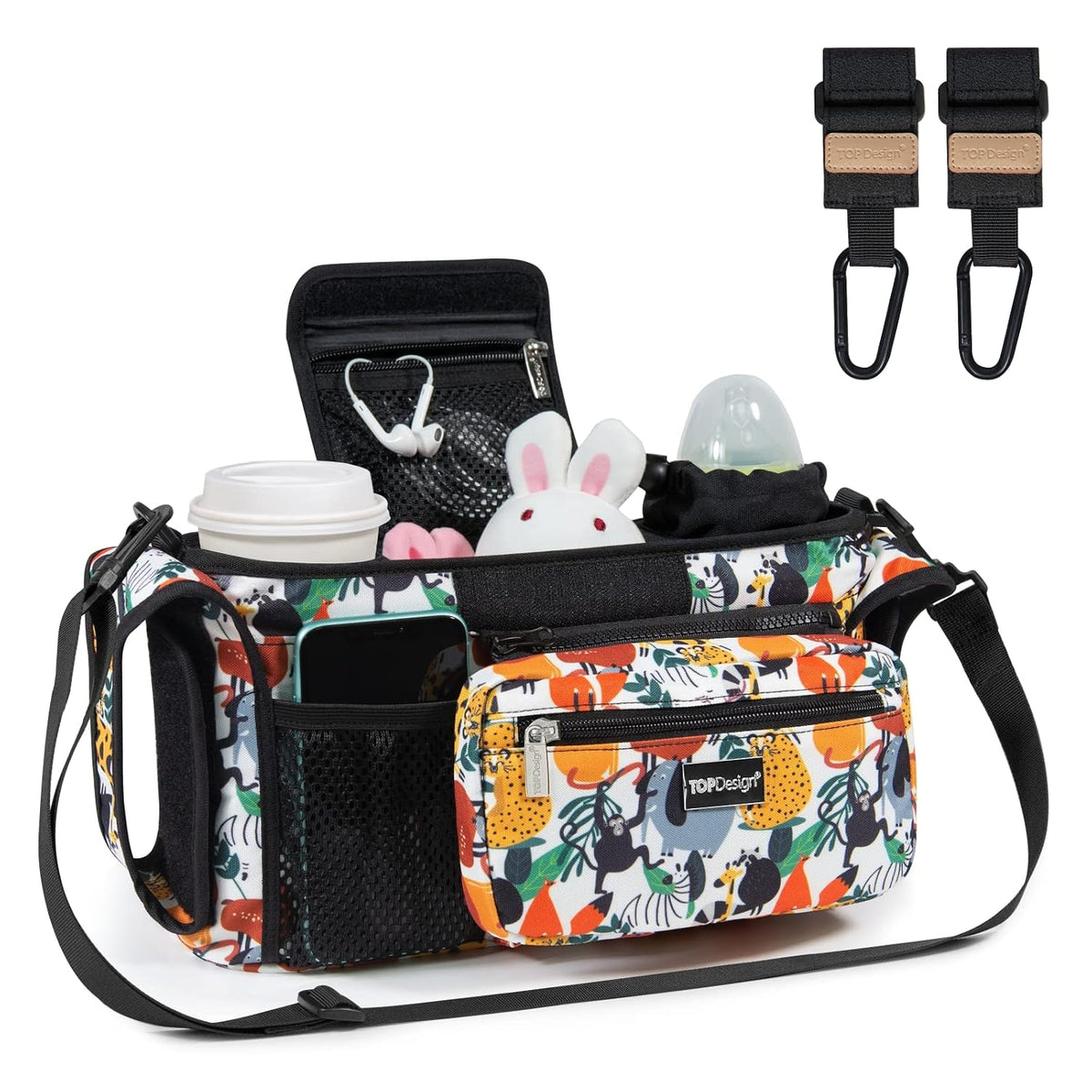 Universal Baby Stroller Organizer, Stroller Caddy with Detachable Mesh Bag & Heightened Insulated Cup Holders & Non-Slip Secure Hooks Accessories, Fits Most Strollers (Black) - Colors A