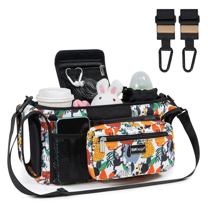 Universal Baby Stroller Organizer, Stroller Caddy with Detachable Mesh Bag & Heightened Insulated Cup Holders & Non-Slip Secure Hooks Accessories, Fits Most Strollers (Black) - Colors A