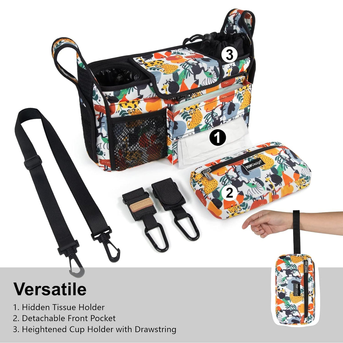 Universal Baby Stroller Organizer, Stroller Caddy with Detachable Mesh Bag & Heightened Insulated Cup Holders & Non-Slip Secure Hooks Accessories, Fits Most Strollers (Black) - Colors A