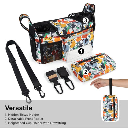 Universal Baby Stroller Organizer, Stroller Caddy with Detachable Mesh Bag & Heightened Insulated Cup Holders & Non-Slip Secure Hooks Accessories, Fits Most Strollers (Black) - Colors A