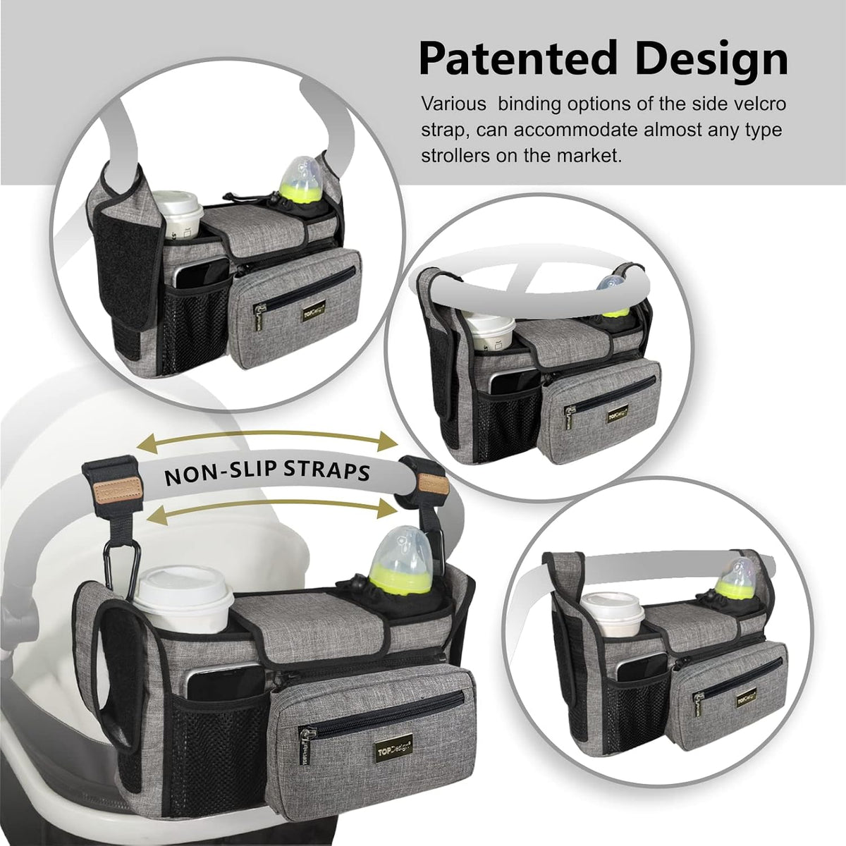 Universal Baby Stroller Organizer, Stroller Caddy with Detachable Mesh Bag & Heightened Insulated Cup Holders & Non-Slip Secure Hooks Accessories, Fits Most Strollers (Black) - Colors A