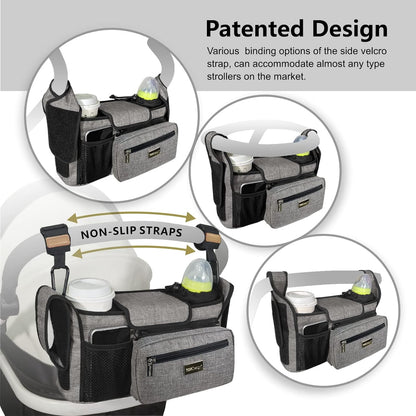 Universal Baby Stroller Organizer, Stroller Caddy with Detachable Mesh Bag & Heightened Insulated Cup Holders & Non-Slip Secure Hooks Accessories, Fits Most Strollers (Black) - Colors A