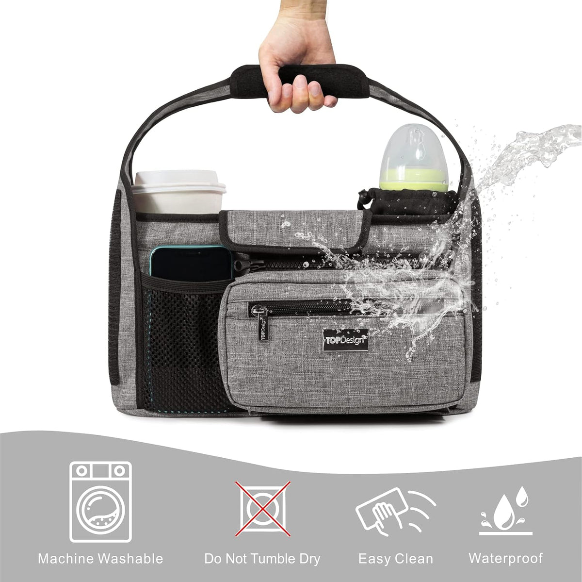Universal Baby Stroller Organizer, Stroller Caddy with Detachable Mesh Bag & Heightened Insulated Cup Holders & Non-Slip Secure Hooks Accessories, Fits Most Strollers (Black) - Colors A