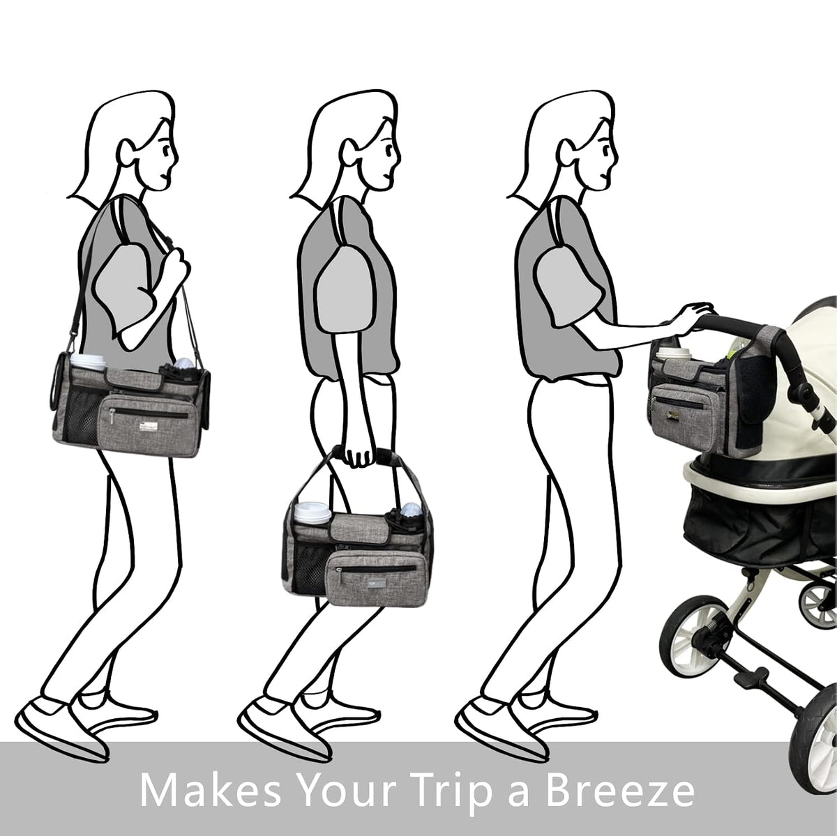 Universal Baby Stroller Organizer, Stroller Caddy with Detachable Mesh Bag & Heightened Insulated Cup Holders & Non-Slip Secure Hooks Accessories, Fits Most Strollers (Black) - Colors A