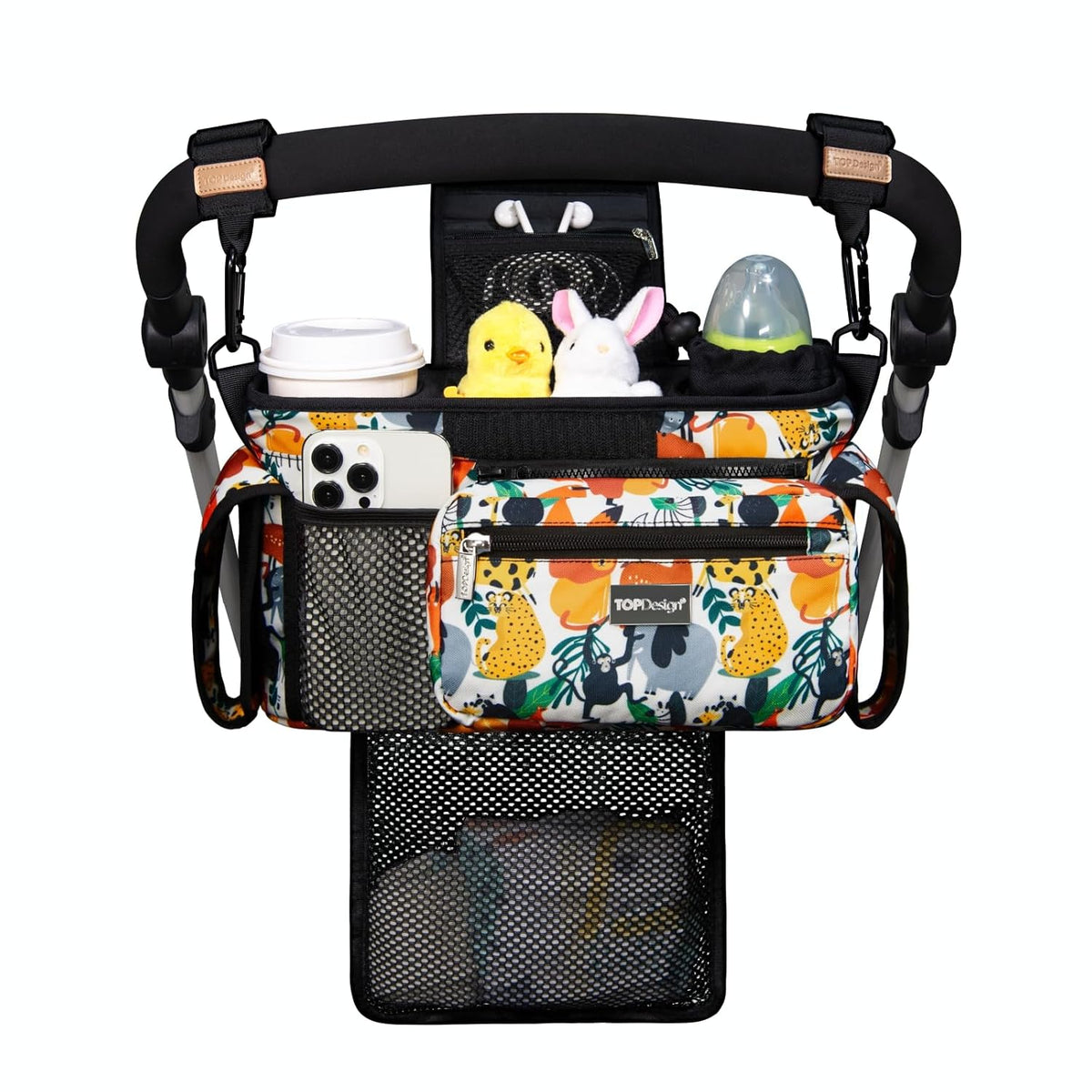 Universal Baby Stroller Organizer, Stroller Caddy with Detachable Mesh Bag & Heightened Insulated Cup Holders & Non-Slip Secure Hooks Accessories, Fits Most Strollers (Black) - Colors A