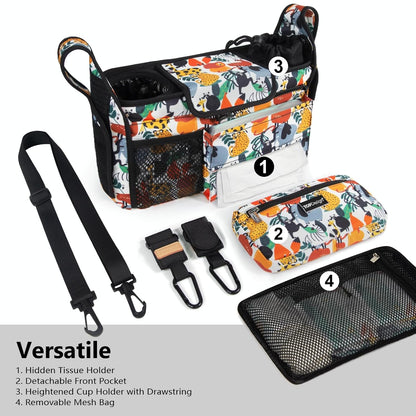 Universal Baby Stroller Organizer, Stroller Caddy with Detachable Mesh Bag & Heightened Insulated Cup Holders & Non-Slip Secure Hooks Accessories, Fits Most Strollers (Black) - Colors A
