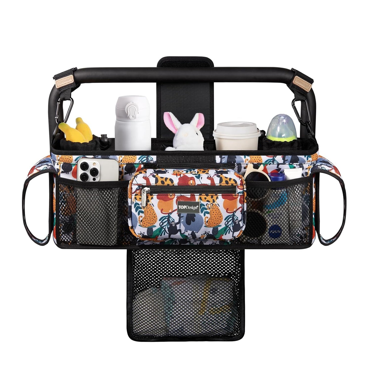 Universal Baby Stroller Organizer, Stroller Caddy with Detachable Mesh Bag & Heightened Insulated Cup Holders & Non-Slip Secure Hooks Accessories, Fits Most Strollers (Black) - Colors A