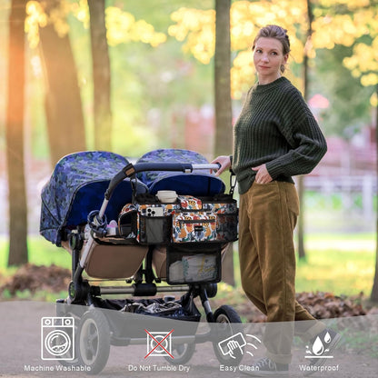Universal Baby Stroller Organizer, Stroller Caddy with Detachable Mesh Bag & Heightened Insulated Cup Holders & Non-Slip Secure Hooks Accessories, Fits Most Strollers (Black) - Colors A