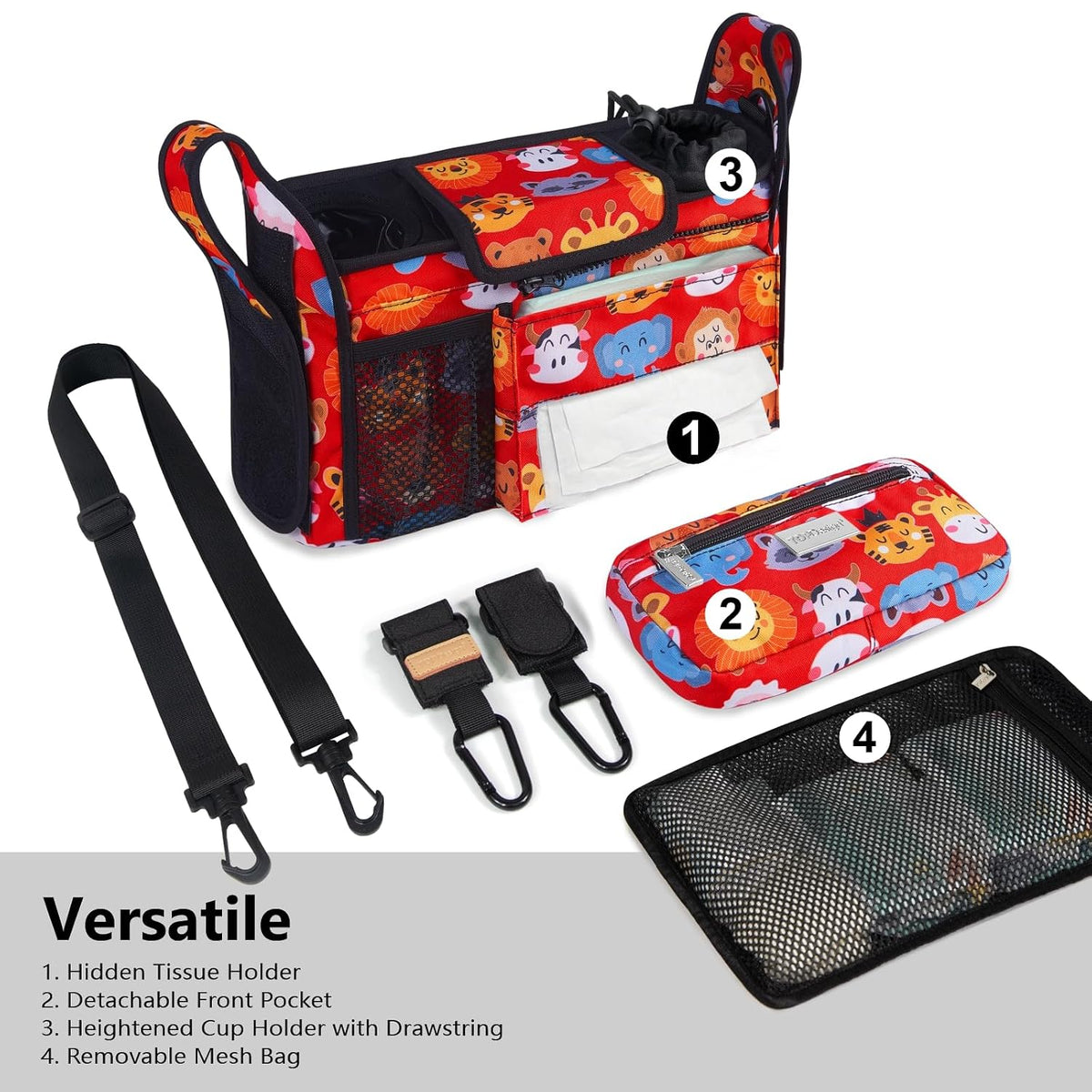 Universal Baby Stroller Organizer, Stroller Caddy with Detachable Mesh Bag & Heightened Insulated Cup Holders & Non-Slip Secure Hooks Accessories, Fits Most Strollers (Black) - Colors A
