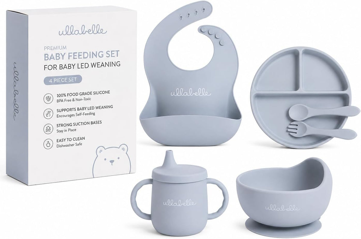7 piece baby feeding feeding set with suction toddler plate, silicone suction bowl with lid, and 2 spoons