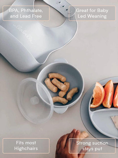7 piece baby feeding feeding set with suction toddler plate, silicone suction bowl with lid, and 2 spoons
