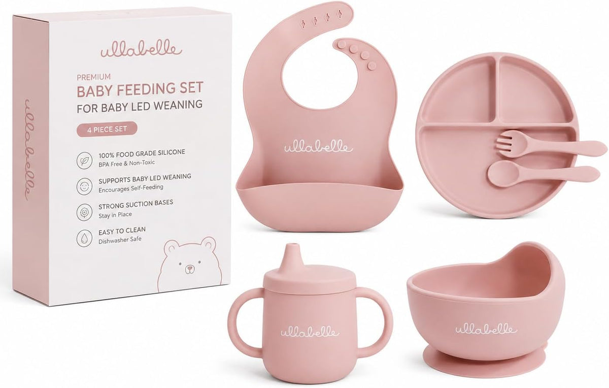 7 piece baby feeding feeding set with suction toddler plate, silicone suction bowl with lid, and 2 spoons