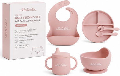 7 piece baby feeding feeding set with suction toddler plate, silicone suction bowl with lid, and 2 spoons