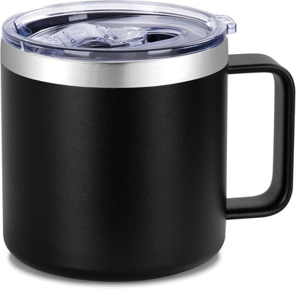 14 oz Insulated Coffee Mug with Handle, Stainless Steel Travel Coffee Mug with Lid, Double Wall Vacuum Metal Coffee Cup, Coffee Tumbler Powder Coated, White 1 Pack