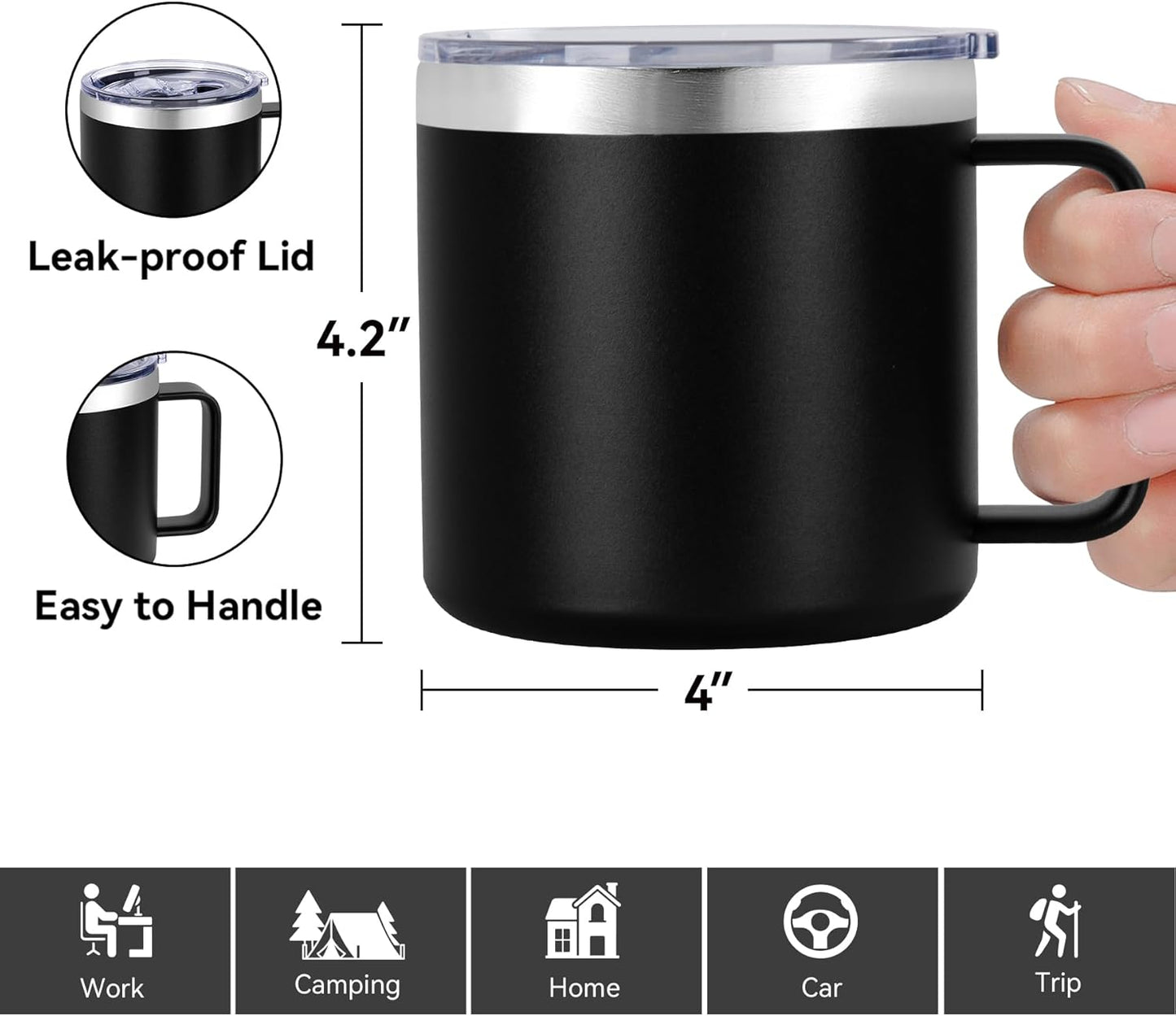 14 oz Insulated Coffee Mug with Handle, Stainless Steel Travel Coffee Mug with Lid, Double Wall Vacuum Metal Coffee Cup, Coffee Tumbler Powder Coated, White 1 Pack
