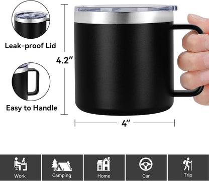 14 oz Insulated Coffee Mug with Handle, Stainless Steel Travel Coffee Mug with Lid, Double Wall Vacuum Metal Coffee Cup, Coffee Tumbler Powder Coated, White 1 Pack