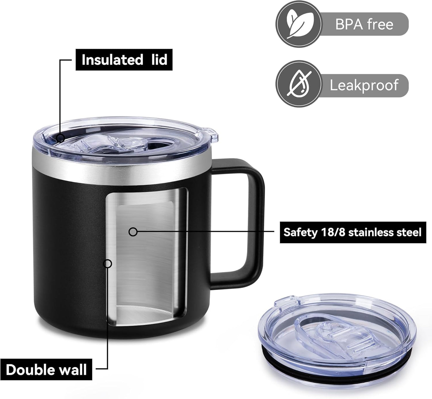 14 oz Insulated Coffee Mug with Handle, Stainless Steel Travel Coffee Mug with Lid, Double Wall Vacuum Metal Coffee Cup, Coffee Tumbler Powder Coated, White 1 Pack