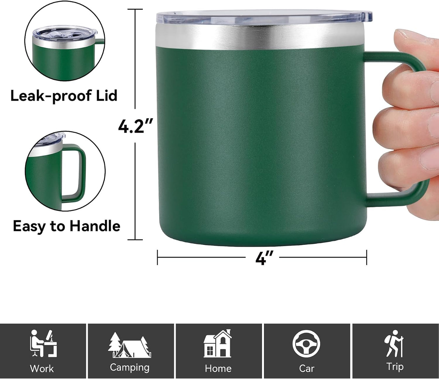 14 oz Insulated Coffee Mug with Handle, Stainless Steel Travel Coffee Mug with Lid, Double Wall Vacuum Metal Coffee Cup, Coffee Tumbler Powder Coated, White 1 Pack