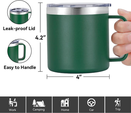14 oz Insulated Coffee Mug with Handle, Stainless Steel Travel Coffee Mug with Lid, Double Wall Vacuum Metal Coffee Cup, Coffee Tumbler Powder Coated, White 1 Pack