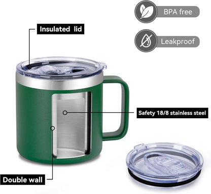 14 oz Insulated Coffee Mug with Handle, Stainless Steel Travel Coffee Mug with Lid, Double Wall Vacuum Metal Coffee Cup, Coffee Tumbler Powder Coated, White 1 Pack