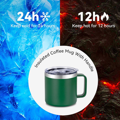 14 oz Insulated Coffee Mug with Handle, Stainless Steel Travel Coffee Mug with Lid, Double Wall Vacuum Metal Coffee Cup, Coffee Tumbler Powder Coated, White 1 Pack