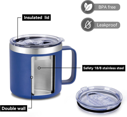 14 oz Insulated Coffee Mug with Handle, Stainless Steel Travel Coffee Mug with Lid, Double Wall Vacuum Metal Coffee Cup, Coffee Tumbler Powder Coated, White 1 Pack