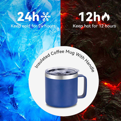 14 oz Insulated Coffee Mug with Handle, Stainless Steel Travel Coffee Mug with Lid, Double Wall Vacuum Metal Coffee Cup, Coffee Tumbler Powder Coated, White 1 Pack
